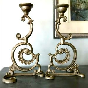 Pair of Large Antiqued Silvertone Metal Scroll Design Candle Holders 15” h  MINT